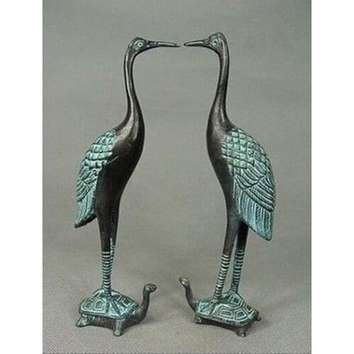 A pair of Chinese Hand Carved red-crowned crane & Tortoise Bronze Statue
