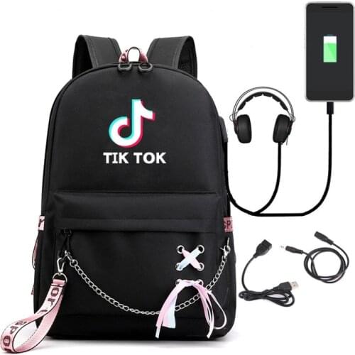 Tik Tok Backpack USB charge backpack Students Letters Print School Bag Teenage Travel backpack Chain Tassel Women Mochilas