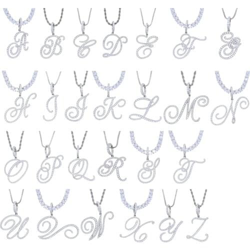 Paved Crystal A-Z Cursive Letters charm Name Pendant Necklace plated gold silver color with 5mm cz Tennis Chain Hip Hop Jewelry