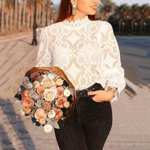 Spring Summer Women Hollow Out Solid Blouse Ladies Long Sleeve Stand Collar Lace Shirt Girls Casual Sexy White Blouses Shirts