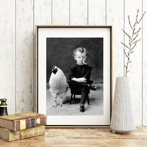 Vintage Poster Retro Decor Black and White Canvas Painting Boys Wtih a Rooster Pictures for Home Design Room Decor No Frame