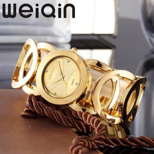 WEIQIN Gold Plated Women Watches Circles Bracelet Rhinestone Quartz Watch Stainless Steel Relogios Femininos De Pulso Marca
