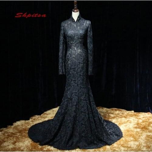 Long Sleeve Lace Mermaid Evening Dresses 2020 on Sale Women High Neck Black Prom Formal Evening Gowns Dresses Wear
