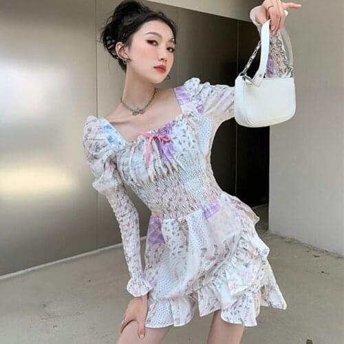 Women Dress 2021 Spring Autumn French Sweet Temperament Ladies Square Neck Plaid Floral Print Ruffled Pleated Vestidos