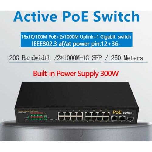 16 Port PoE switch for ip camera with 2 port 1000M uplink 1 port SFP PoE Ethernet Switch PoE 48V switch