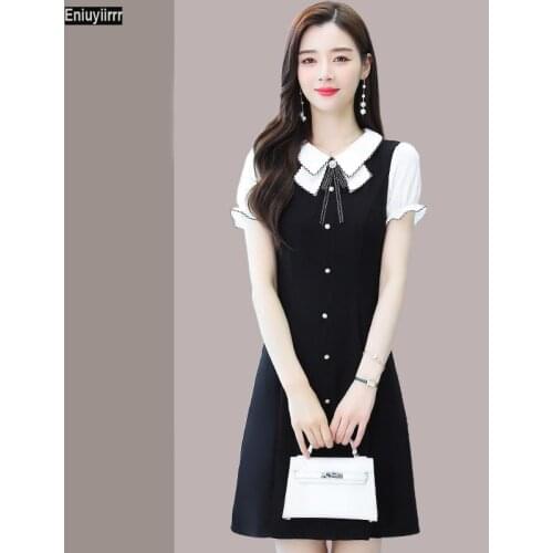 2021 Eureopen French Black Solid Elegant Vestidos Women Office Lady Bow Tie Ladies Basic Mini Short Dress