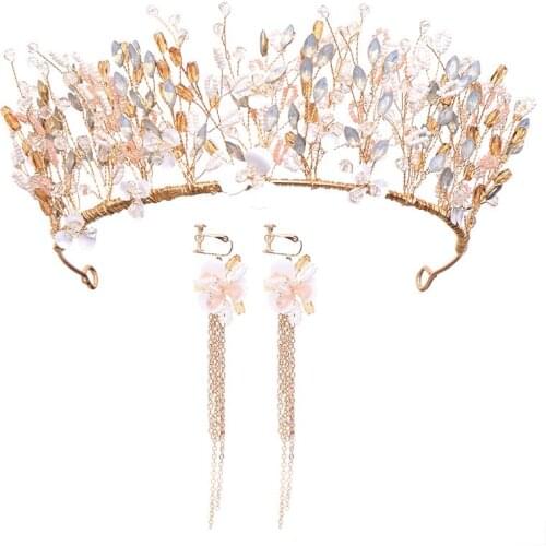 Baroque vintage gold rhinestone pearl flower bridal crowns handmade tiara crystal diadem crown earring set wedding hair accessor