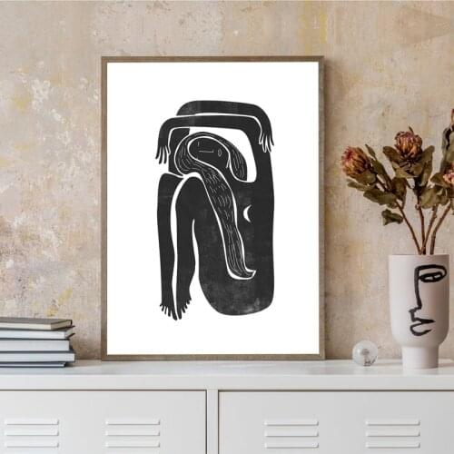 Black and White Minimalist Female Portrait Painting Mid century Moon Posters Boho Art Print Canvas Picture Home Wall Art Decor