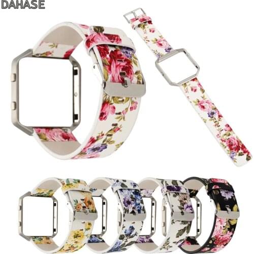 DAHASE Floral Flower Genuine Leather Strap For Fitbit Blaze Watch Band Metal Frame Case Cover for Fitbit Blaze Wrist Strap