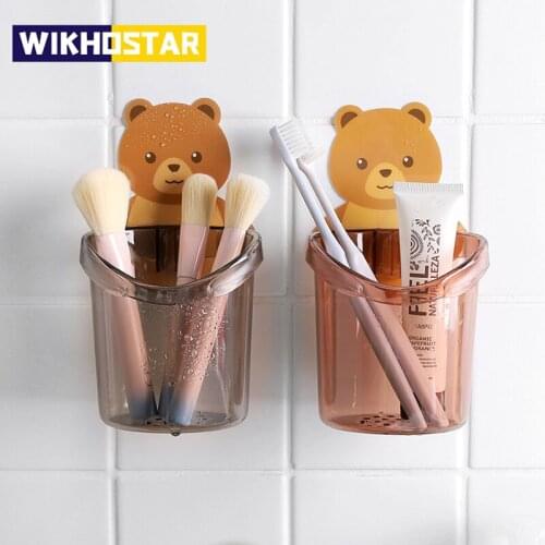 WIKHOSTAR Punch Free Toothbrush Holder Bathroom Accessories Set Wall Mount Tooth Brush Holder Toothpaste Cup Storage Rack
