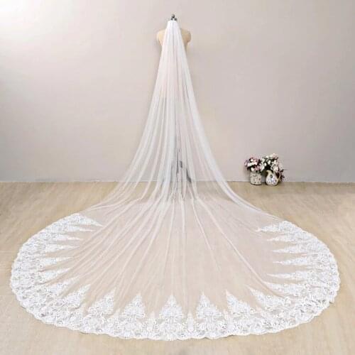 White ivory 4m One Layer Wedding Veil With Comb Lace Edge Bridal Veils Appliqued Cathedral Wedding Accessorie