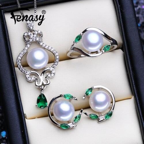 FENASY 925 Sterling Silver Emerald Jewelry Sets Natural Pearl Stud Earrings Bohemian Pendant Necklace Women Green Stones Ring