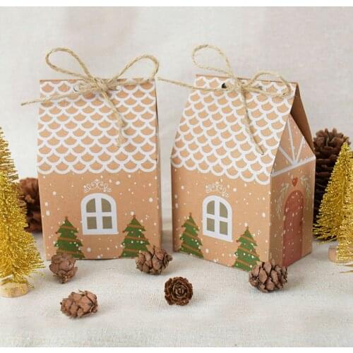 10pcs Kraft Paper Boxes Christmas Gift Box House Shape Candy Box Food Cookies Packing Birthday Wedding Party Favors Bags