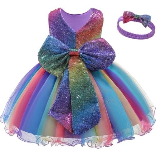 Summer Baby Girls Dress Rainbow Wedding Party Gown Newborn Toddler Birthdy Princess Dresses Sequins Baby Clothes Kids Costume