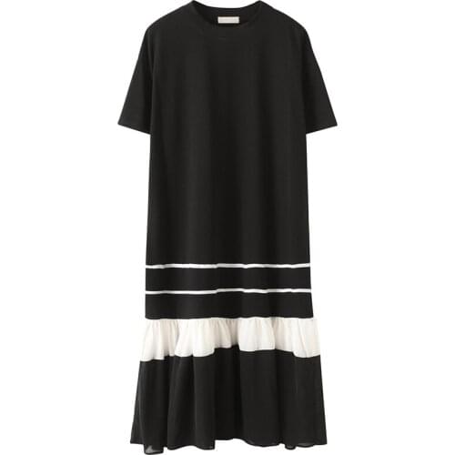PERHAPS U Black White O Neck U Neck Short Sleeve Patchwork Midi Chiffon Dress Loose Casual D0286