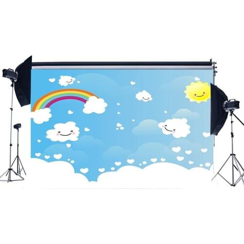 Sweet Baby Shower Backdrop Blue Sky Lovely White Cloud Rainbow Hearts Smile Sun Cartoon Photography Background