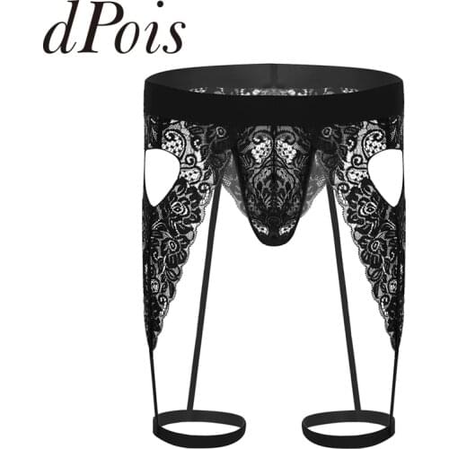 Mens Sissy Lingerie See Through Floral Lace Bulge Pouch Cutout Heart Bikini G-string Thong Underwear with Leg Garters Band