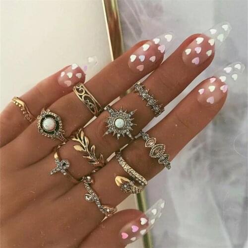Boho Vintage Gold Geometric Crystal Sun Five-pointed Star Leaf Snake Set Ring For Women Trendy Personality Fashion Rings Jewelry