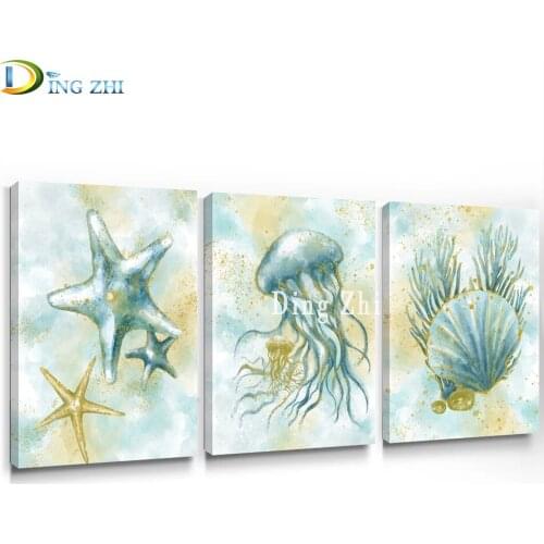 Nautical Ocean Nursery Wall Art Diamond painting Sea Life Home Decor Teal Bathroom Starfish Diamond Embroidery Mosaic Triptych