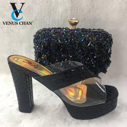 Black New Arrival Italian Shoes with Matching Bags for Women Slipper and Bag Set African Sets 2020 Comfortable Heels Shoes