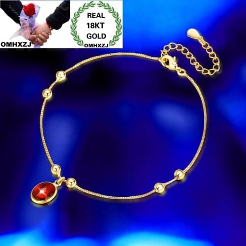OMHXZJ Wholesale European Fashion Woman Girl Party Birthday Wedding Gift Beads Oval Red AAA Zircon 18KT Gold Pendant Anklet JL12