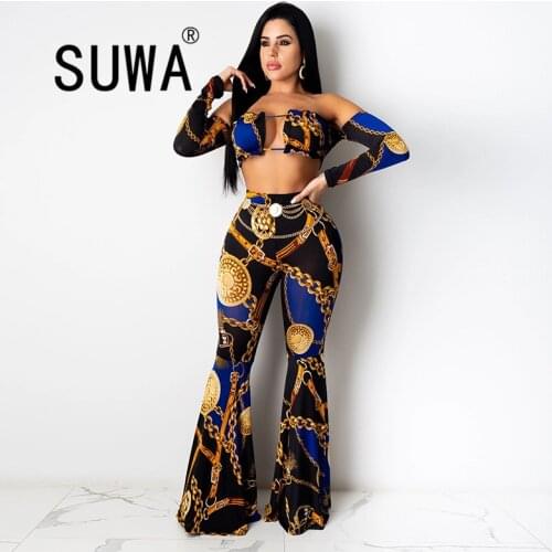 Wholesale womens clothing vendors two piece set slash collar long sleeve crop top + vintage high waist flare pants sexy clubwear
