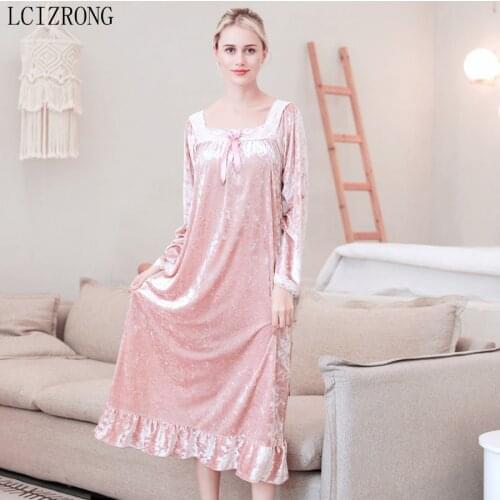 Spring Velvet Long Sleeve Midi Dress Sleepwear Women Long Sleeve Loose Nightgowns Elegant Ladies Plus Size Night Dress