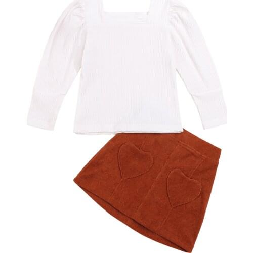 2 Pcs Infant Kids Casual Outfits, Baby Girls Solid Color Puff Sleeve Square Collar Pullover + Heart Pattern Corduroy Skirt 1-6T