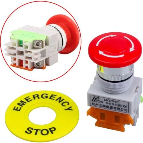 Durable Emergency Button AC 660V 10A 1NO 1NC DPST Mushroom Cap Emergency Stop Push Button Switch with Self-locking