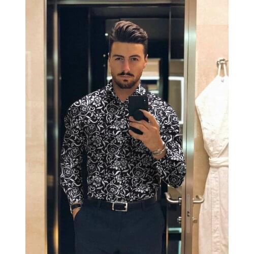 2021Camisas florales de manga larga de Otoño para hombres, camisas estampadas con flores de corte delgado para hombres, camisola