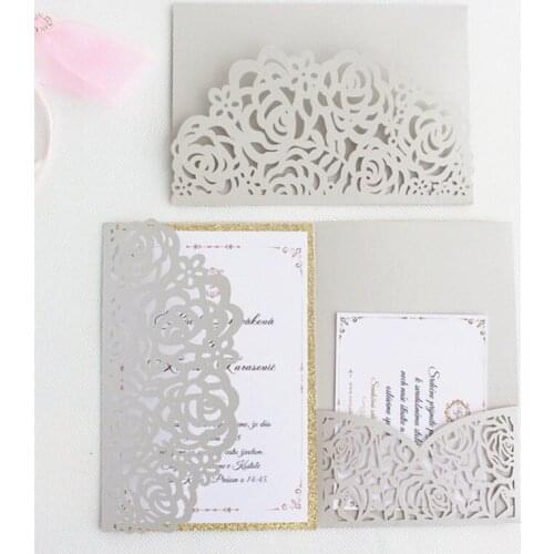 Silver envelopes for invitations rose laser cut tri-fold pocket rural card invitation set RSVP personalized printing