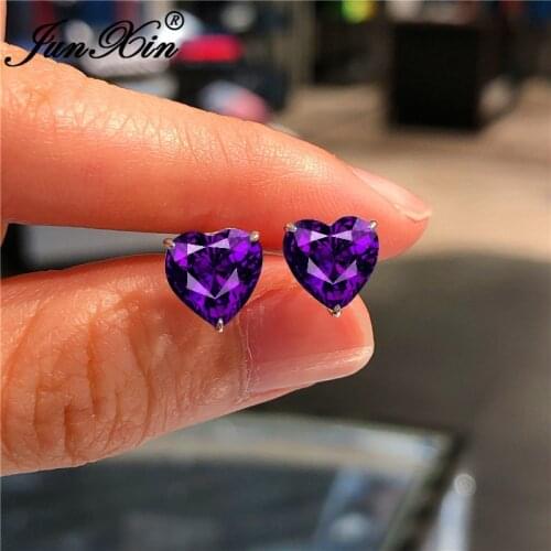 Charm Purple Zircon Small Heart Stud Earrings For Women Red Pink Crystal Bridal Wedding Ear Studs Valentine Jewelry Gift