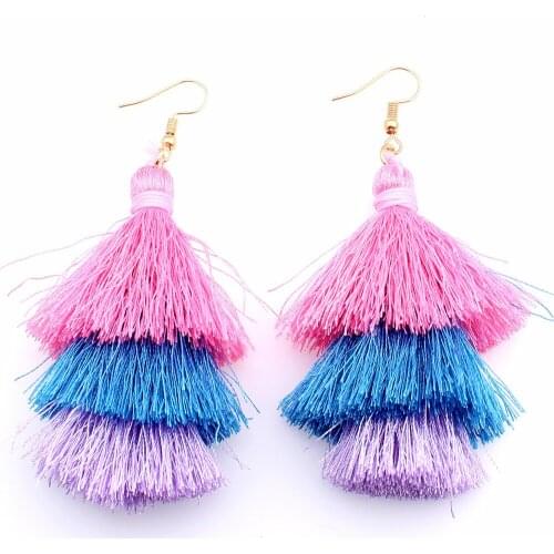 Boho Three layers Tassel Earrings Fringe Statement Long Silk Tassel Stack Earrings Everyday Earrings Autumn Winter Jewelry Gift