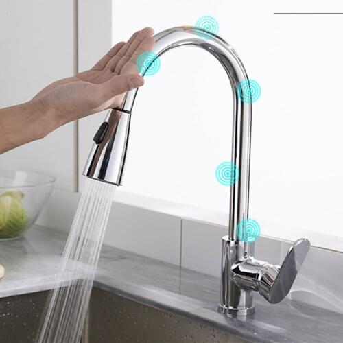 Smart Touch Sensor Faucets For Kitchen Sink Chrome Brass Pullout Hot And Cold Water Mixer Faucet 2 Mode Sprayer 360 Rotation