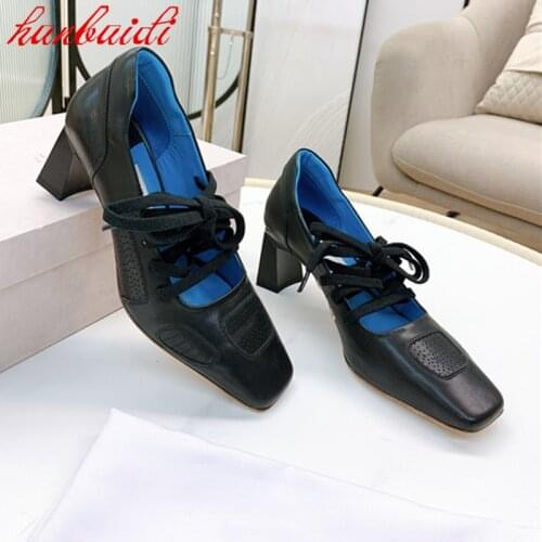 Autumn Woman Square Heels Shose Square Toe Shallow Breathable Genuine Leather Lace Up Pumps Punk Style Concise Casual Shose