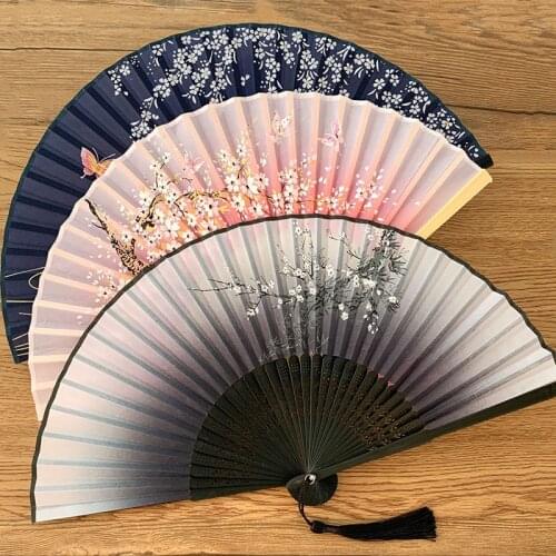 Vintage Silk Folding Fan Retro Chinese Bamboo Handheld Folding Fans Dance Hand Fan Home Wall Decoration Ornaments Crafts Gift