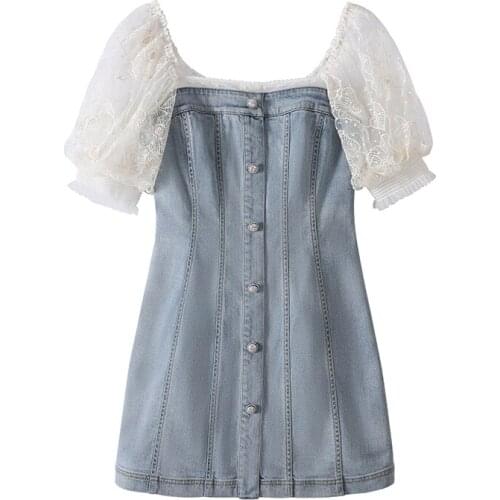 PERHAPS U Women Slash Neck Short Sleeve Puff Sleeve A Line Mini Dress Summer Beach Female Denim Blue Mesh Patchwork Button D1938