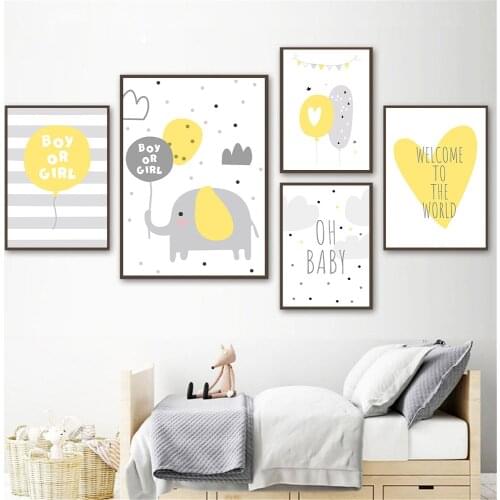 Yellow Balloon Heart Canvas Painting Cloud Elephant Print Nursery Wall Art Poster Child Prints Wall Pictures For Baby Room Decor