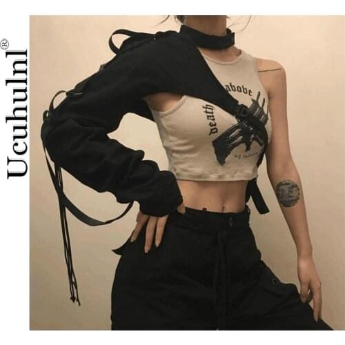 Street Cropped Jacket Women Buckle Ribbon One Shoulder Long Sleeve Jackets Coats Streetwear Fall 2019 Women Shirts Christmas