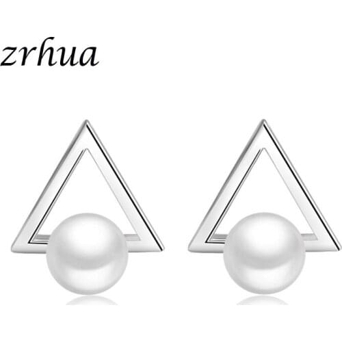 ZRHUA Oringinal 925 Sterling Silver Earrings Zircon Pearl Trangle Luxury Stud Earrings For Women brincos pendientes
