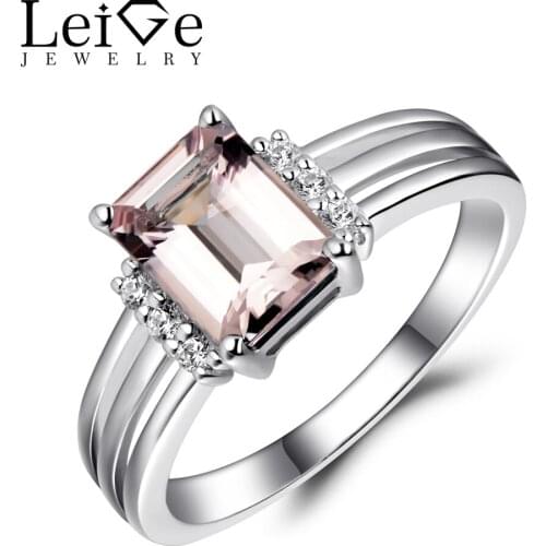 Leige Jewelry Natural Morganite Engagement Ring for Women Pink Gemstone Promise Ring Silver 925 Fine Jewelry Emerald Cut