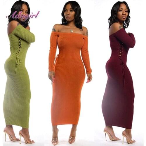 Casual Solid Knitted Slash Neck Full Sleeve Backless Evening Party Long Club Dress Women Autumn Elegant Bandage Dresses Vestidos