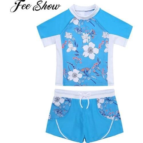 2Pcs Brazilian Swimming Suit Round Neck Short Sleeves Floral Print Top+Boyshorts Kids Girls Beach Swimwear Bathing Suits UPF 50