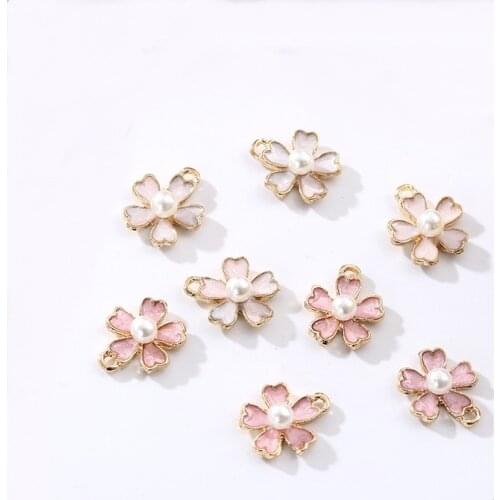 50 PCS 14*12mm Fashion Metal Alloy Enamel Imitation Pearl Flowers Charms Pendant DIY Accessories For Jewelry Making