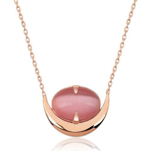 Alegra Silver Silver Pink Cat 'S Eye Stone Crescent Necklace