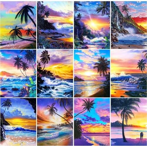 Diamond Embroidery Seaside Sunset Landscape Diamond Painting Full Square Round Color Cartoon Scenic Cross Stitch Mosaic Picture