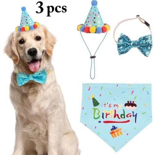 3pcs Dog Birthday Bandana Cute Bow Pet Collar With Pet Birthday Hat Multicolor Polyester Cotton Cat Supplies Dog Accessories