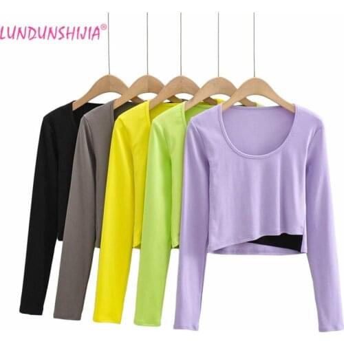 LUNDUNSHIJIA Women Fashion Fake Two Pieces Cotton Blouse 2021 Spring O-Neck Crop Tops Full Sleeve Elasticity Female T-shirt