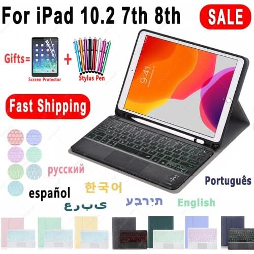 Touchpad Keyboard Case For iPad 10.2 7 7th 8 8th 2020 Cover Russian Spanish Hebrew Arabic Korean Portuguese Turkish Keyboard