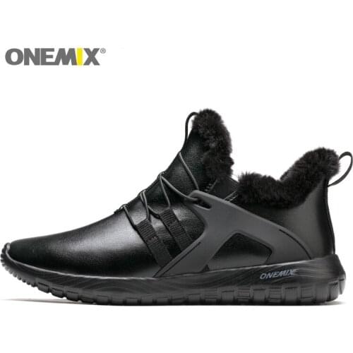 ONEMIX Man Running Shoes for Men Black Winter Snow Boots Wool Leather Jogging Trail Sneakers Outdoor Sport Trekking Trainers